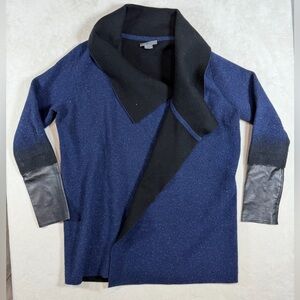 Vince Size Medium Wool Cashmere Blend Navy and Black Open Cardigan With Leather